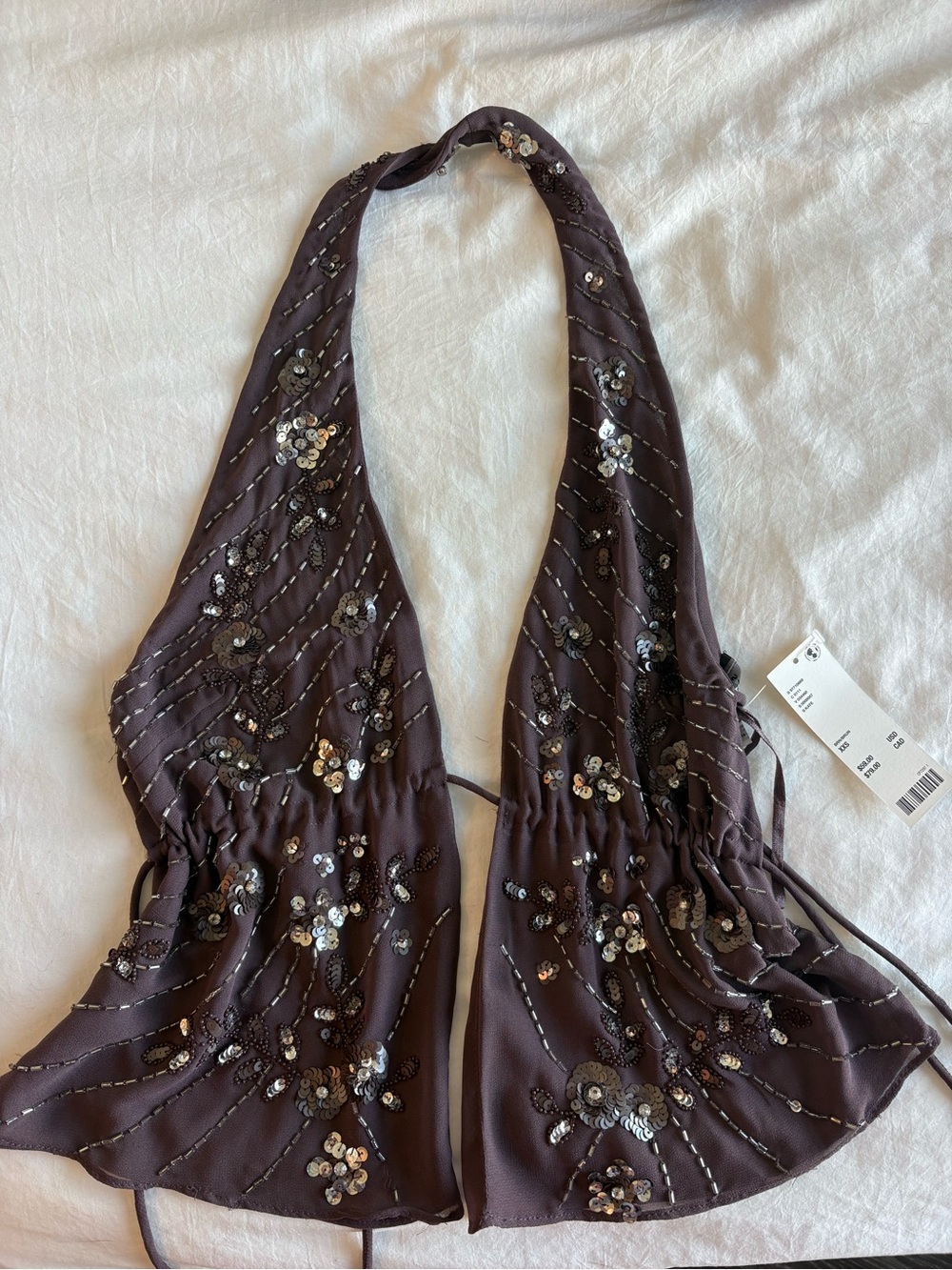 Purple Sequin Halter Tie-Front Tank Top